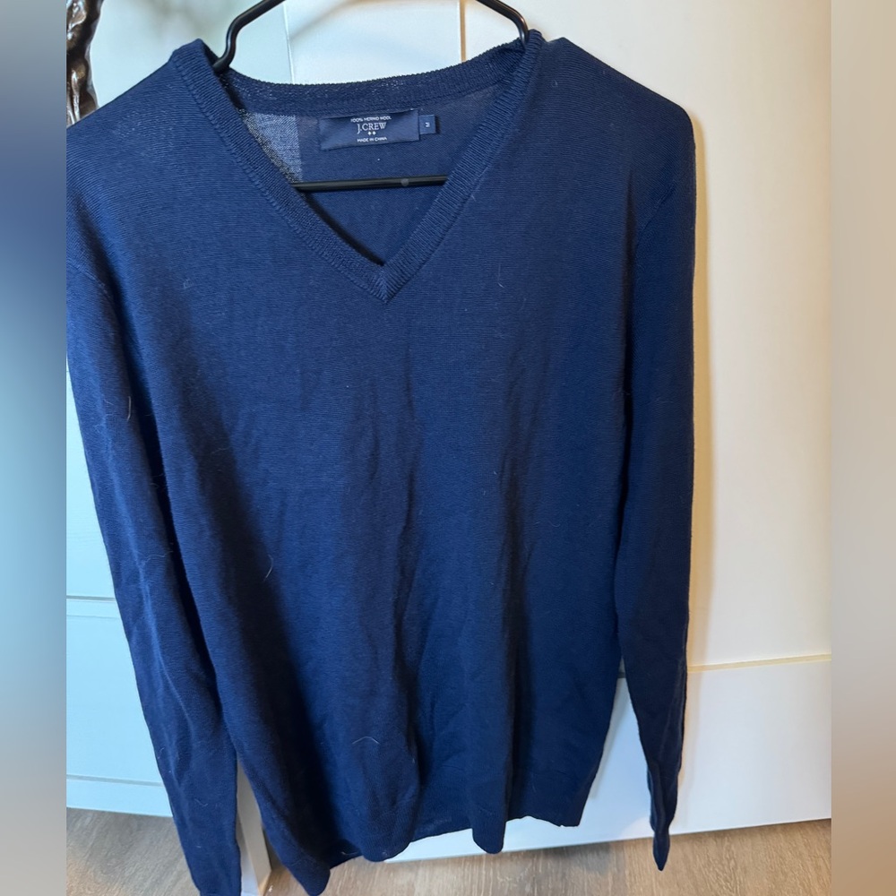 J. Crew Men's 100% Merino Wool Deep Blue V-Neck Sweater